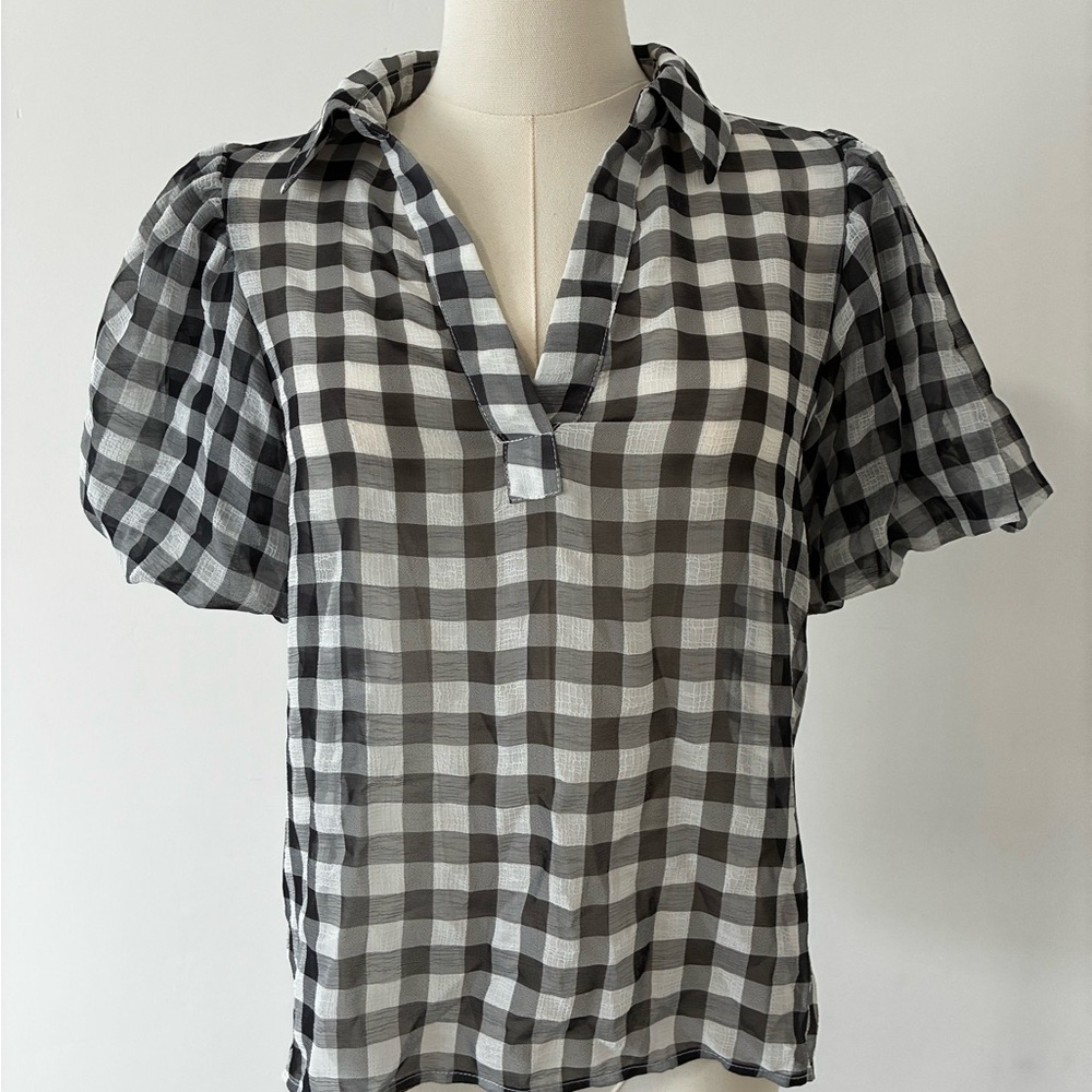 Laundry By Shelli Segal Black and White Gingham Collared Sheer V-Neck Top